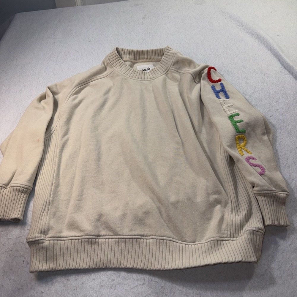 Aerie Oversized Chenille Letter "Cheers" Sweatshirt Beige Size Smallβ READ